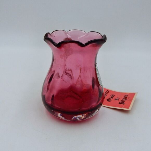 Pilgrim Glass Handblown Cranberry Vase Pitcher Applied Clear Handle 4 Inch Tags - Picture 4 of 13